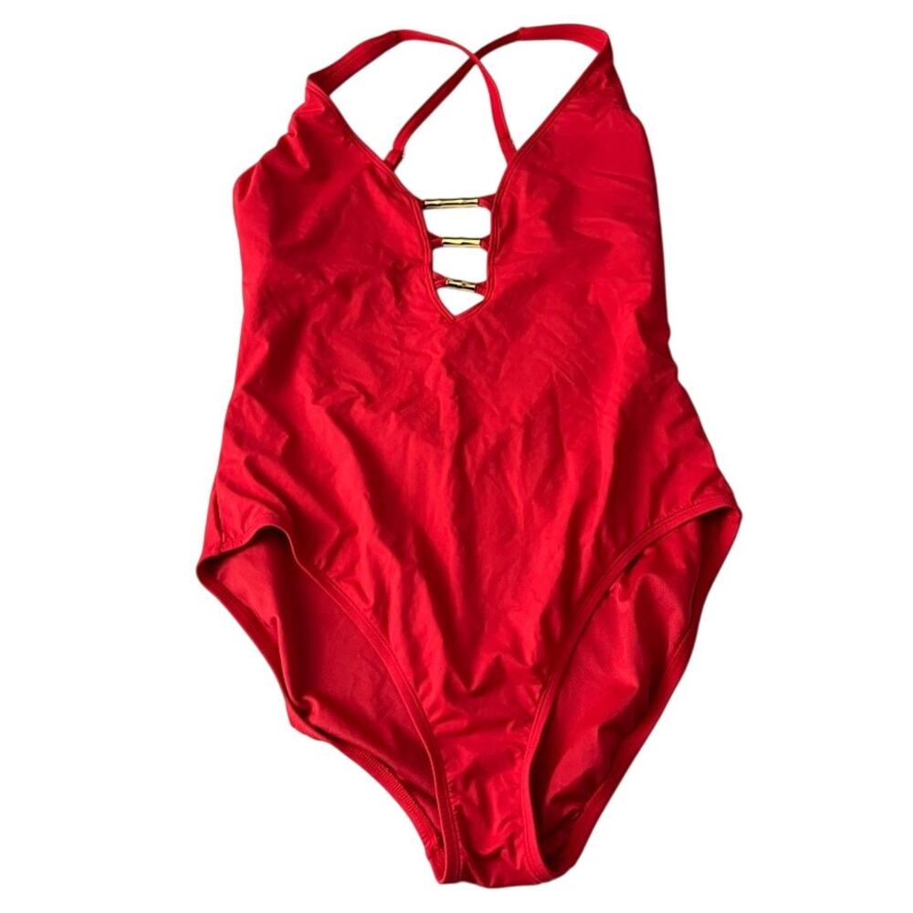 Red Gold Lattice One Piece Swimsuit Bathing Suit Size 12